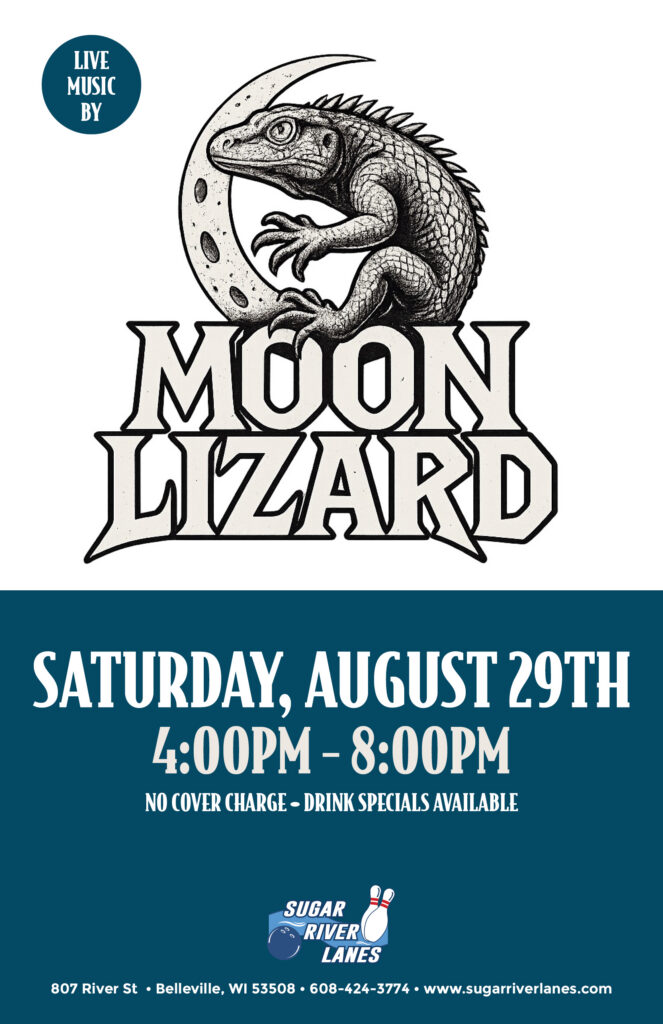 Live Music by Moon Lizard on Saturday, August 29th from 4pm - 8pm at Sugar River Lanes