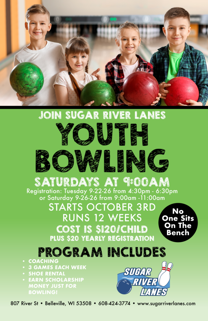 Youth Bowling Saturdays at 9am. Register Tuesday 9/22/26 from 4:30 - 6:30pm or Saturday 9/26/26 at 9am. Starts October 3rd.